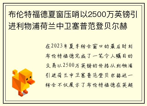布伦特福德夏窗压哨以2500万英镑引进利物浦荷兰中卫塞普范登贝尔赫