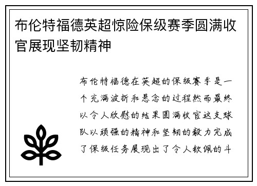 布伦特福德英超惊险保级赛季圆满收官展现坚韧精神